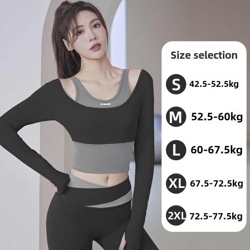 New Women's Running Fitness Tight Fake Two-piece Sports Top Set Long-sleeved Yoga Clothes