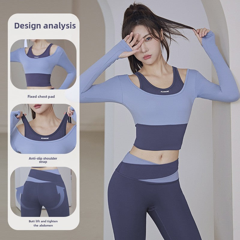 New Women's Running Fitness Tight Fake Two-piece Sports Top Set Long-sleeved Yoga Clothes