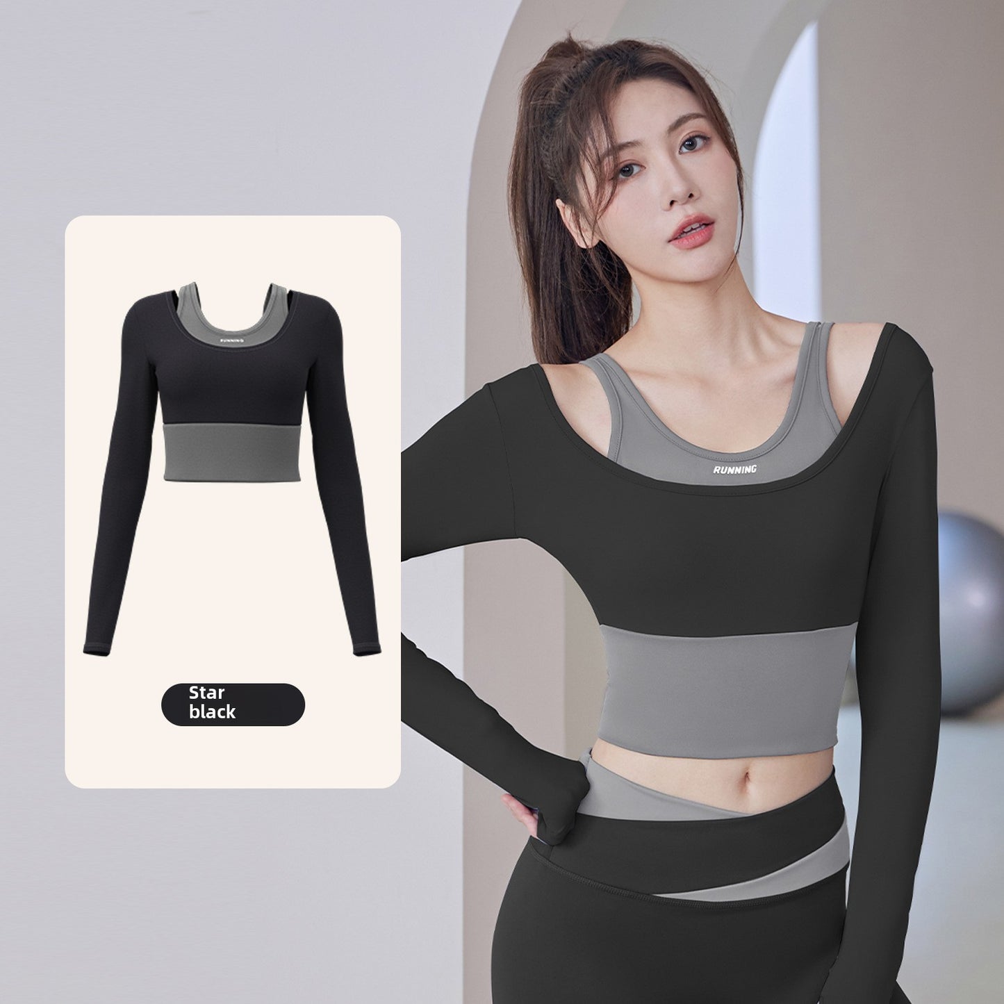 New Women's Running Fitness Tight Fake Two-piece Sports Top Set Long-sleeved Yoga Clothes