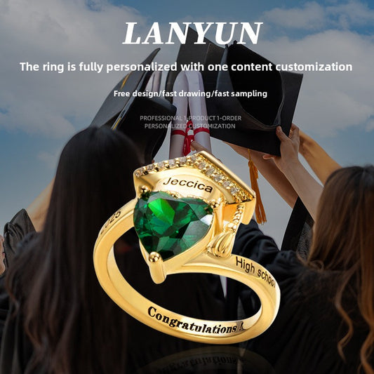 2025 New Cross-border Independent Station Graduation Commemorative Scholar Hat Women's Love Birthstone Ring Ring Customization