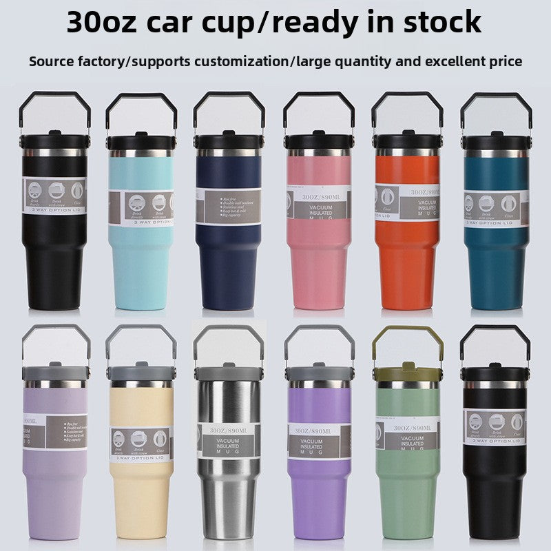 Car Cup 30oz Bingba Cup 304 Stainless Steel Thermos Cup Double Drinking Straw Cup Car Thermal Insulation Cold Cup